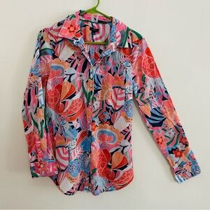 Talbots Cotton Light Weight  Button Down Shirt Size M Bright Floral Tropical